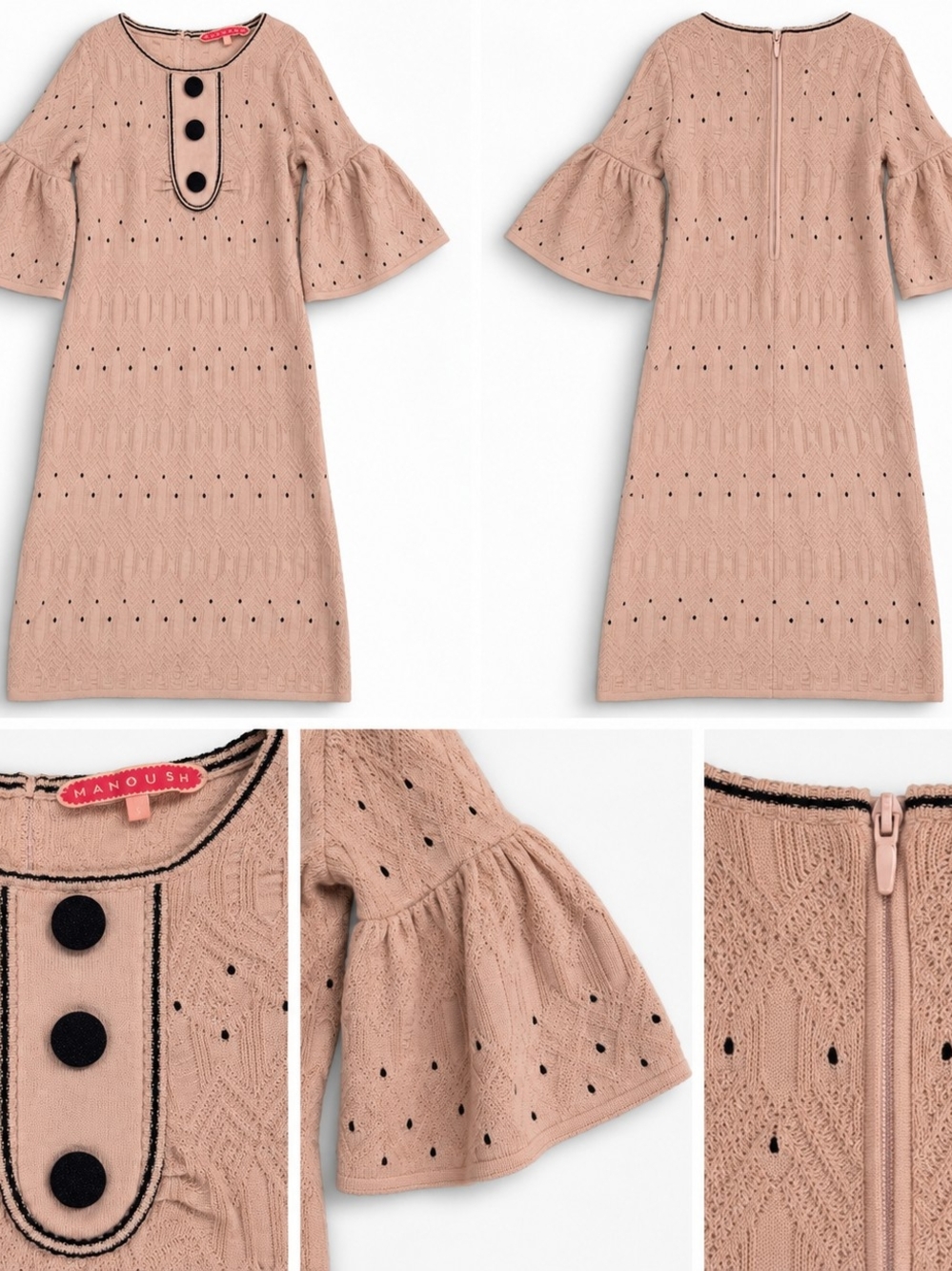 Manoush Blush Pink Pointelle Cotton Knit Midi Dress Bell Sleeve S